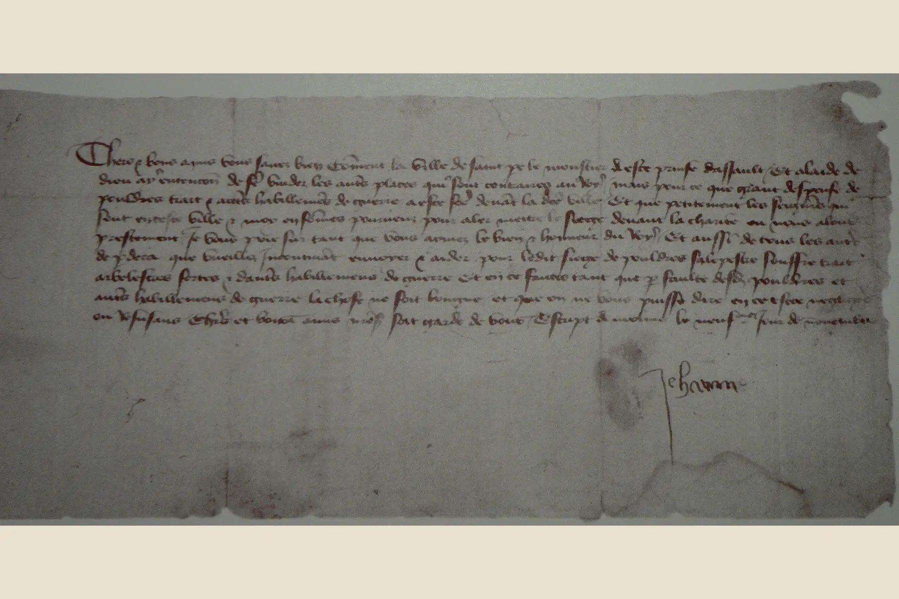 Letter dictated by Joan of Arc to the people of Riom in 1429, bearing the signature Jehanne