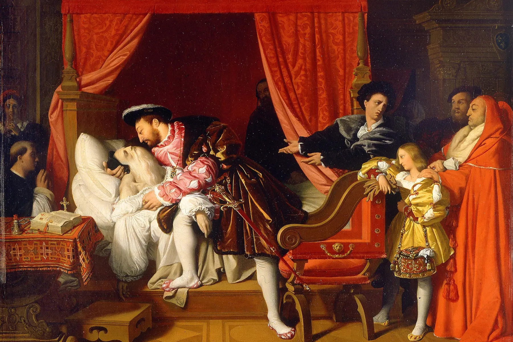 Francis I holding the dying Leonardo da Vinci in the legendary scene painted by Ingres in 1818