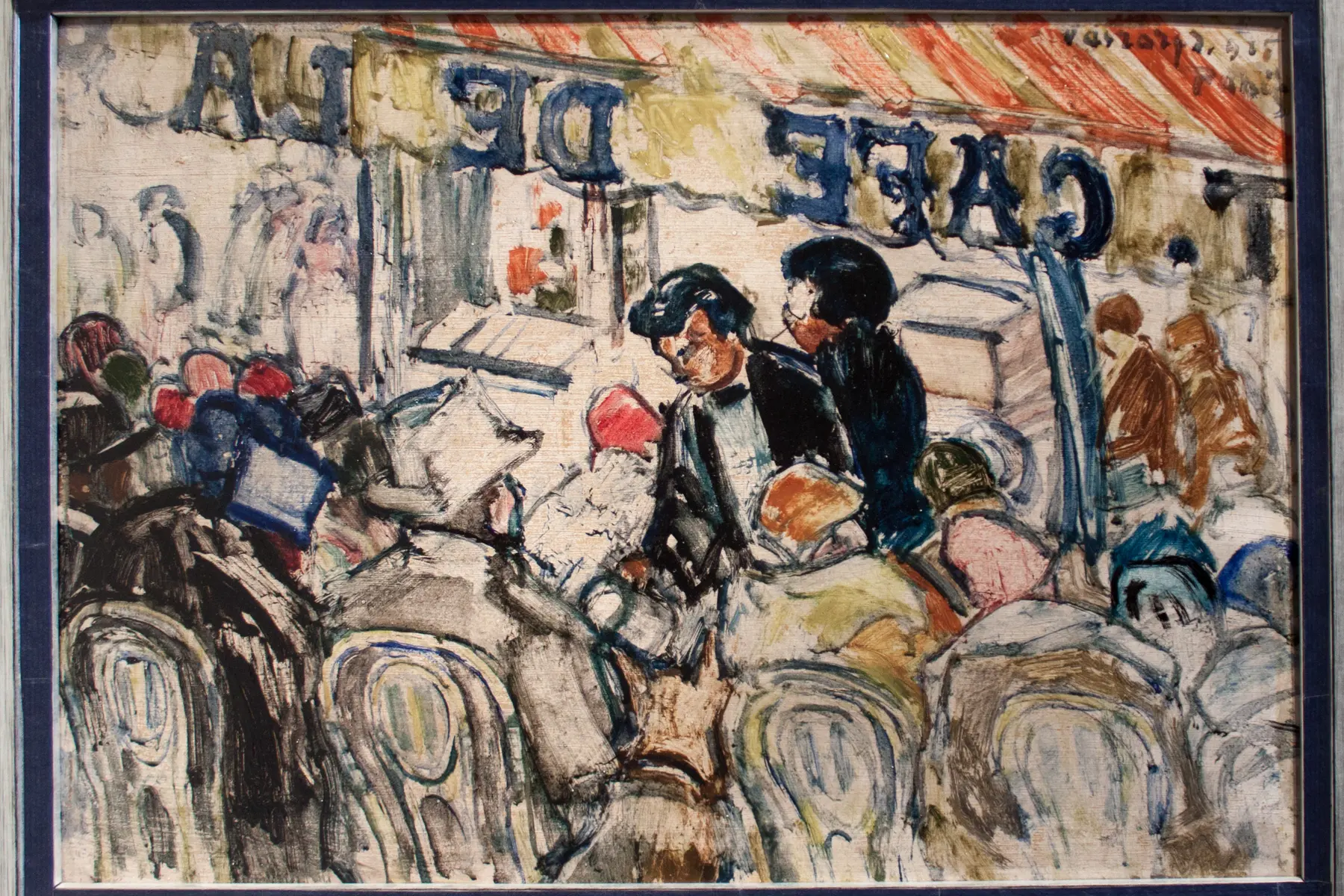 A lively Paris café terrace painted by János Vaszary in 1925, evoking a pause between cultural visits