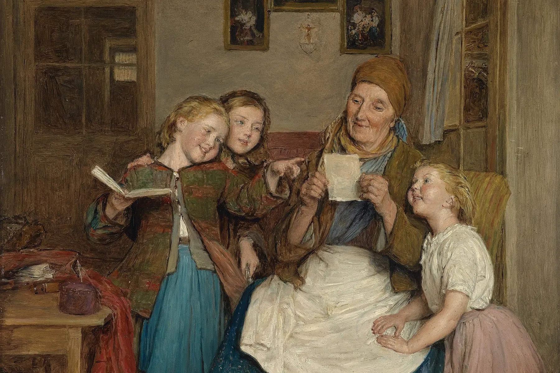 A grandmother and three children gathered around a book in an 1854 painting