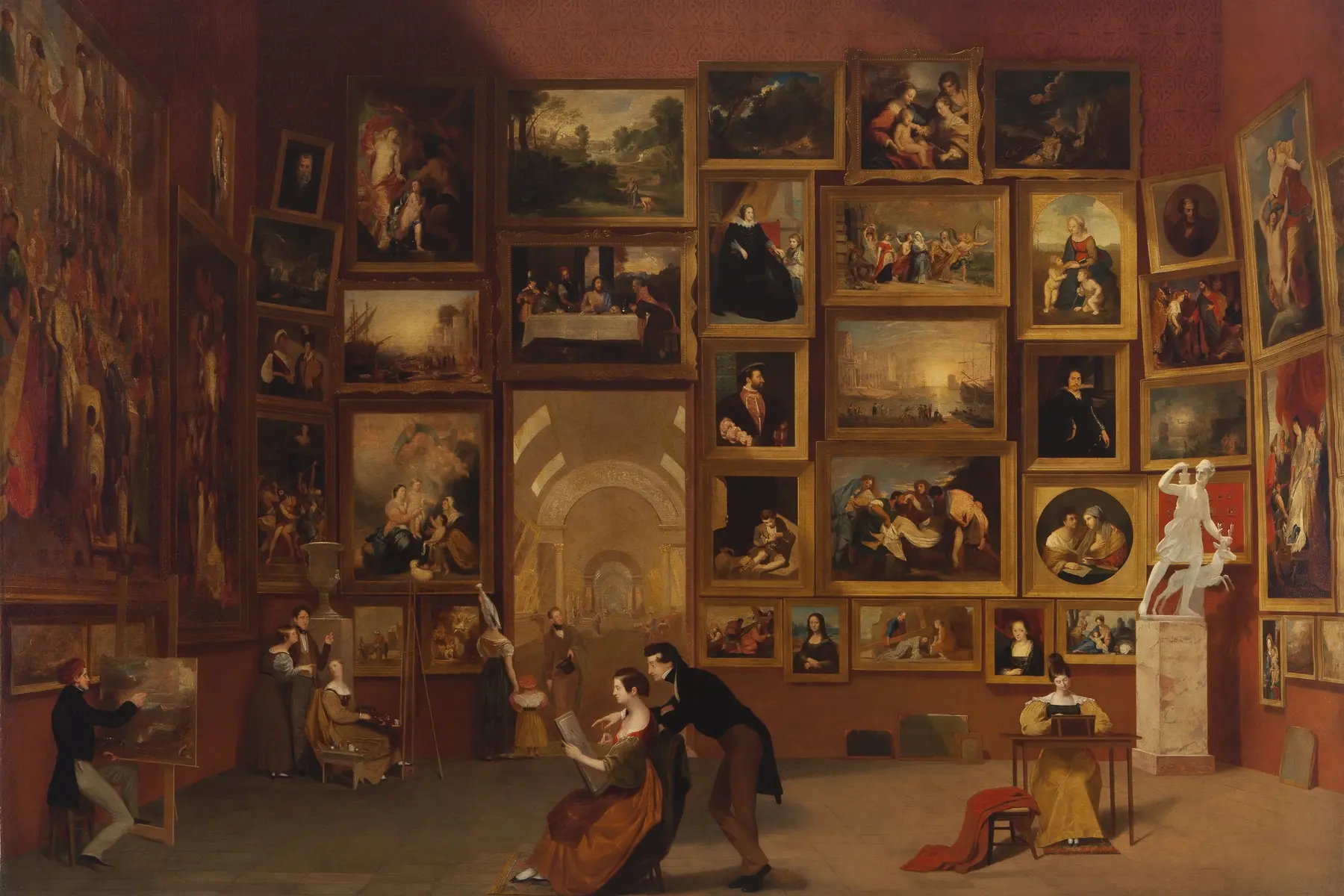 Visitors surrounded by artworks in Samuel Morse’s painting Gallery of the Louvre