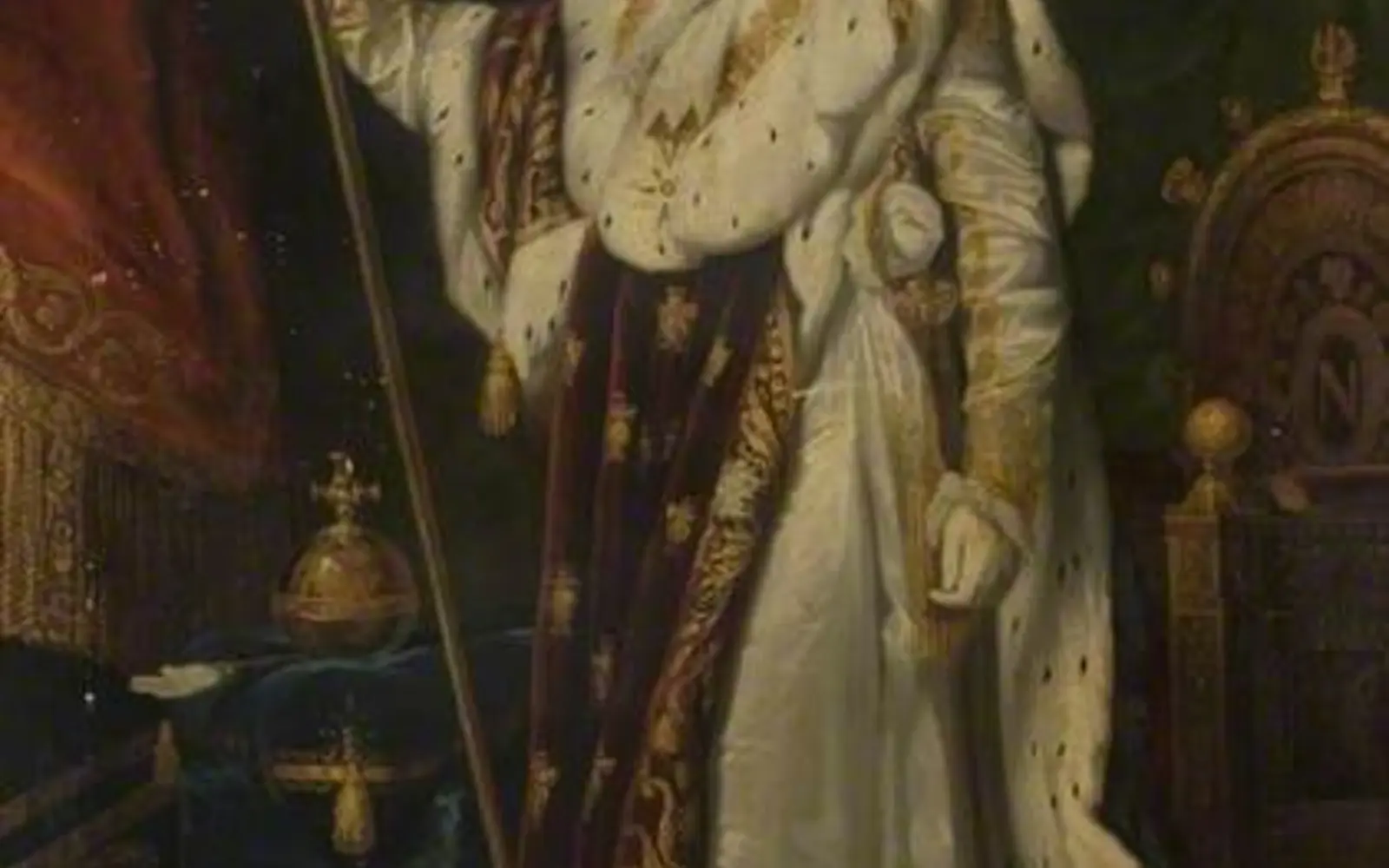 Napoleon I in imperial dress with golden bees scattered across his red coronation robe