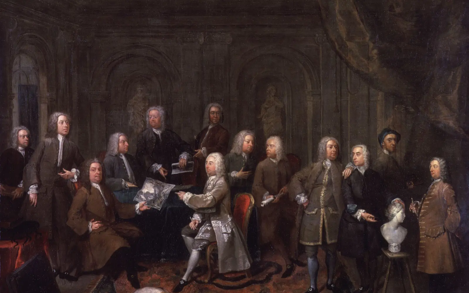 Groupe d’amateurs conversant autour d’une table dans une peinture de Gawen Hamilton