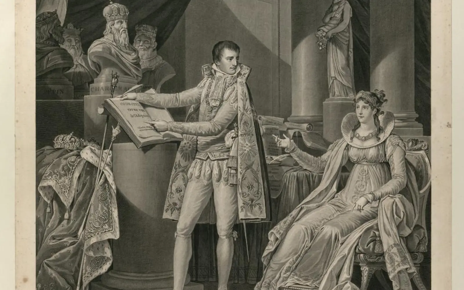 Gravure allégorique montrant Napoléon présentant le Code civil à Joséphine