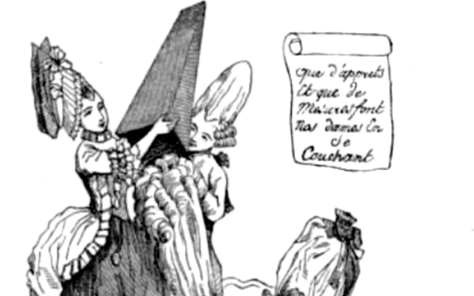 Caricature ancienne d’une coiffure pouf monumentale, à l’époque de Marie-Antoinette